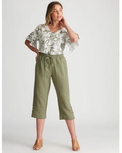Rockmans Crop Linen Button Trousers - Green
