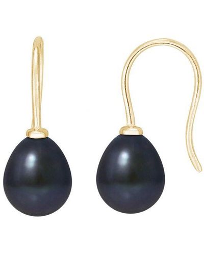 Blue Pearls Oorbellen Van Geelgoud (375/1000) Met Haakjes En Zwarte Zoetwaterparel - Blauw