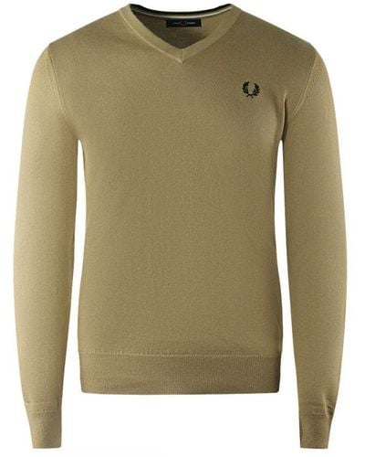 Fred Perry Warm Stone Beige V-neck Jumper - Green