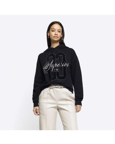 River Island Hoodie Black Embroidered Cotton - Blue
