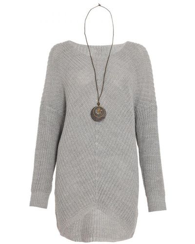 Quiz Knit Dip Hem Necklace Jumper - Grey