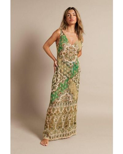 Warehouse Viscose Tile Border Print Glitter Maxi Beach Dress - Natural