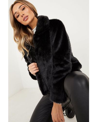 Quiz Short Faux Fur Collar Jacket - Black