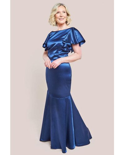 Goddiva Satin Flutter Sleeve Mermaid Maxi Dress - Blue