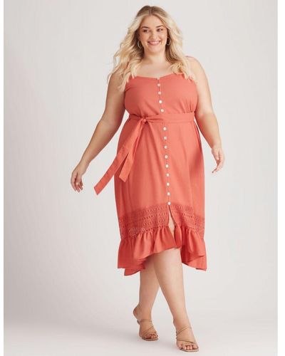 BeMe Plus Size - Midi Dress - Pink - Summer Casual Linen Beach Fashion - Sleeveless - - Strappy - Clothing - Red