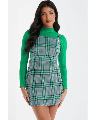 Quiz Check Pinafore Mini Dress - Green
