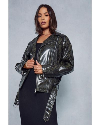MissPap Oversized Leather Look Snakeskin Biker Jacket - Grey