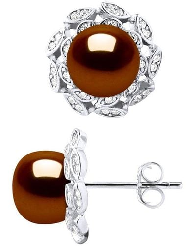 Diadema Stud Earrings Flower Beads Freshwater 8-9Mm Chocolate Buttons Jewellery 925 - White