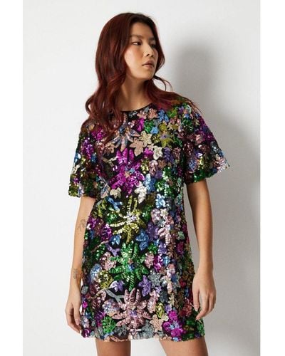 Warehouse Floral Sequin Mini Shift Dress - Multicolour