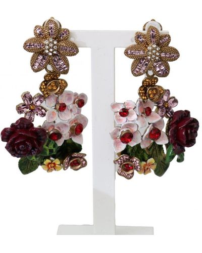 Dolce & Gabbana Gold Crystal Floral Filigree Bouquet Dangling Clip-on Earrings Brass - Metallic