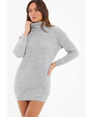 Quiz Knitted Pearl Embellished Jumper Dress - Grey