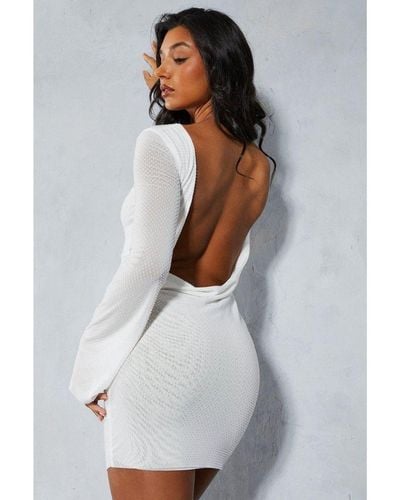 MissPap Premium Liquid Diamante Cowl Back Long Sleeve Mini Dress - White