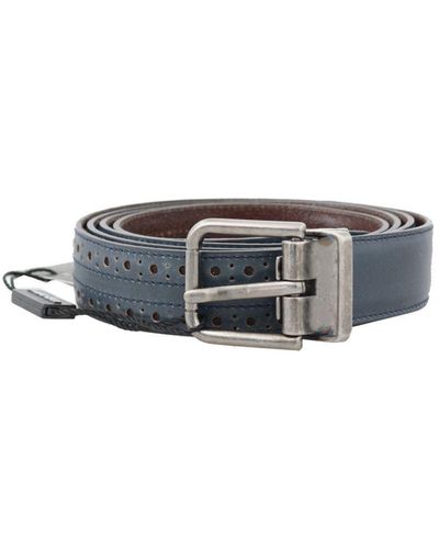 Dolce & Gabbana Blue Perforated Leather Grey Buckle Belt