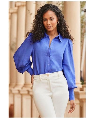 Sosandar Linen Blend Blouson Sleeve Shirt - Blue