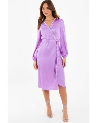 Quiz Satin Embellished Wrap Midi Dress - Purple