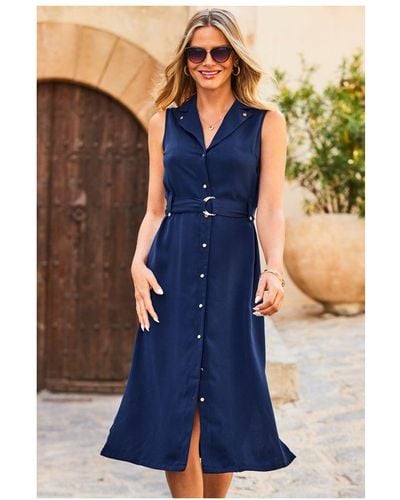 Sosandar Navy Blue Sleeveless Utility Midi Shirt Dress