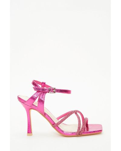 Quiz Diamante Strappy Heeled Sandals Polyurethane/Rhinestone - Pink