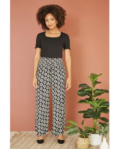 Yumi' Geo Print Relaxed Fit Trousers Viscose - Black