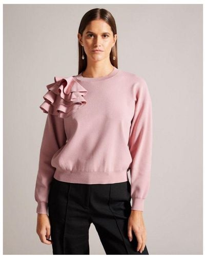 Ted Baker Debroh Easy Fit Jumper With Ruffles Viscose/polyamide - Pink