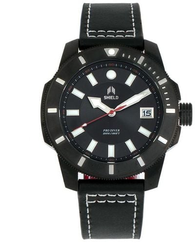 Shield Shaw Leather-Band Diver Watch W/Date - Black
