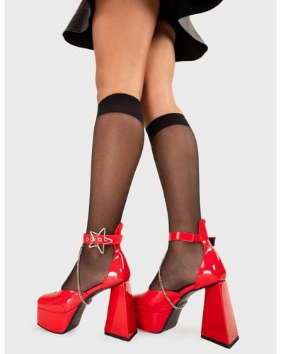 LAMODA Ankle Boots Famous Friend Roundtoe Platform Heel With Straps & Chains - Red