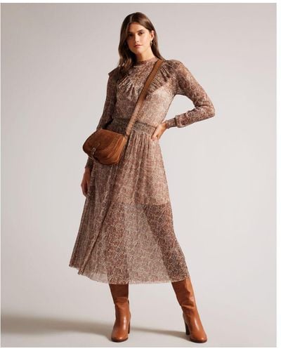 Ted Baker Debbix Long Sleeve Midi Dress With Frill - Brown