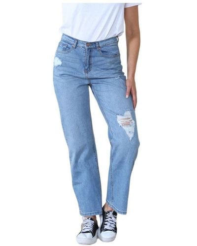 MYT Ladies Wide Leg High Waisted Distressed Jeans - Blue