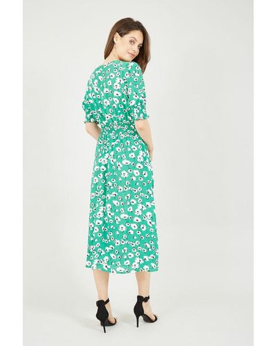 Green Floral Puff Sleeve Ruched Waist Midi Dress