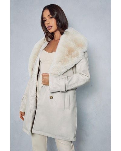 MissPap Leather Look Fur Collar Detail Trench Coat - White