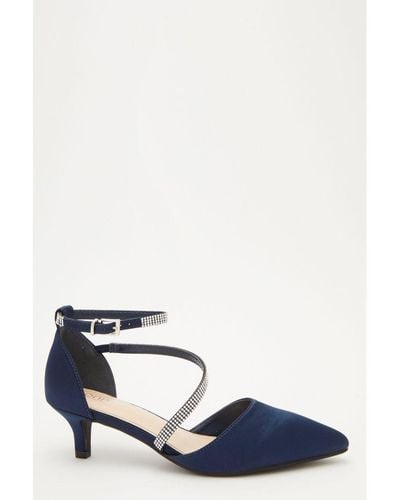 Quiz Navy Satin Asymmetric Strap Court Heels - Blue