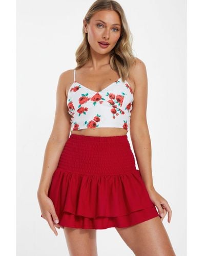 Quiz Ruched Frill Mini Skirt - Red