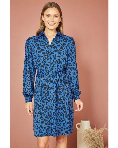 Mela London Animal Print Long Sleeve Shirt Dress - Blue