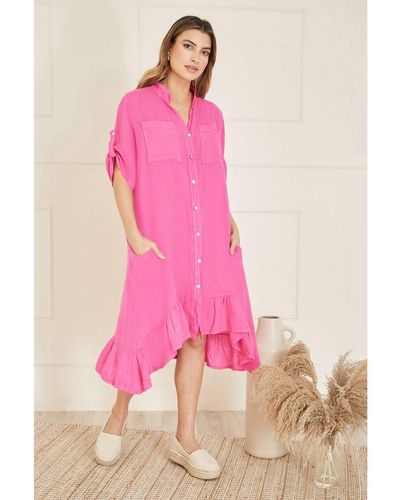 Yumi' Italian Linen Shirt Dress With Frill Hem - Pink
