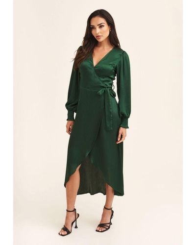 Gini London Groene Satijnen Wikkel Midi-jurk