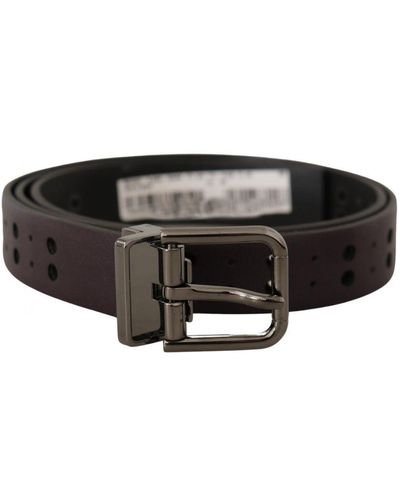 Dolce & Gabbana Burgundy Leather Perforated Metal Buckle Belt - Black