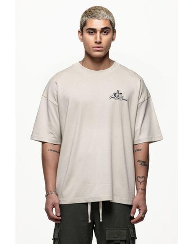 Good For Nothing Light Grey Oversized Cotton T-shirt With Graphic Butterfly Print - Natural
