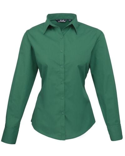 PREMIER Ladies Poplin Long Sleeve Blouse / Plain Work Shirt () - Green