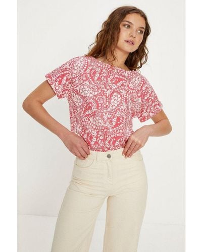 Oasis Essential Cotton Paisley Floral Roll Sleeve Slub T-shirt - Pink