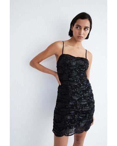 Warehouse Sparkle Shirred Mini Dress With Bow Detail - Black