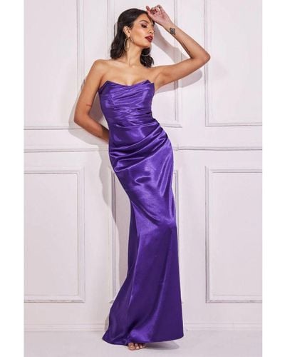 Goddiva Satin Bandeau Maxi Dress - Purple