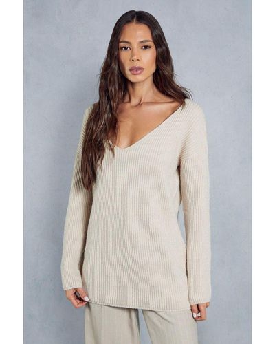 MissPap Knitted Off The Shoulder Oversized Jumper - Grey