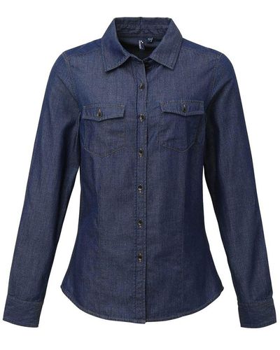 PREMIER Ladies Jeans Stitch Long Sleeve Denim Shirt ( Denim) - Blue