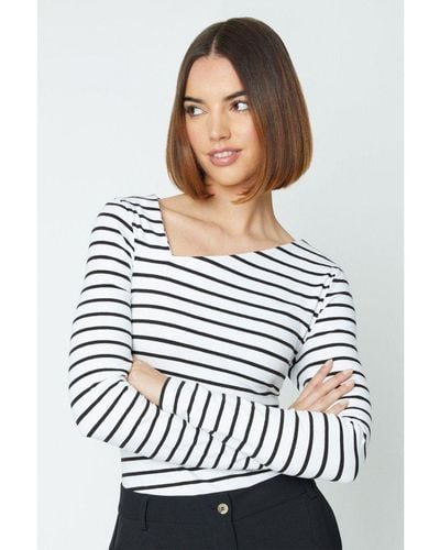 Oasis Stripe Asymmetric Neck Jersey Top Cotton - Grey