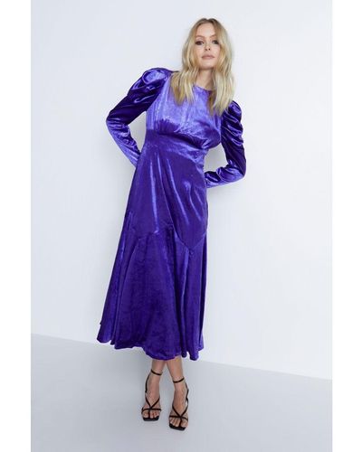 Warehouse Tinsel Velvet Volume Sleeve Midi Dress - Purple
