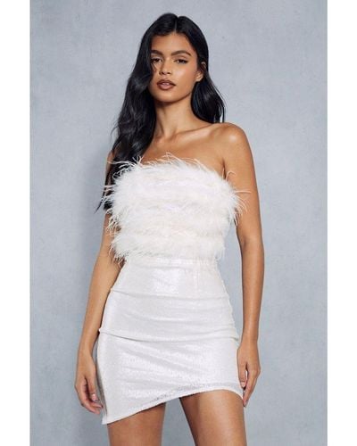 MissPap Sequin Feather Trim Bandeau Shaped Hem Mini Dress - White
