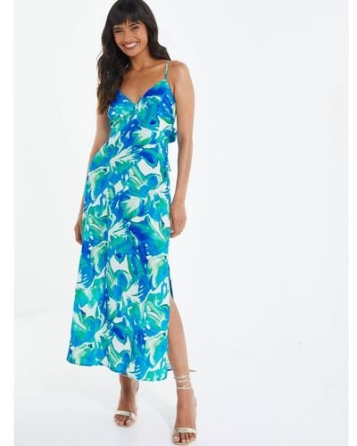Quiz Tropical Print Satin Midaxi Dress - Blue