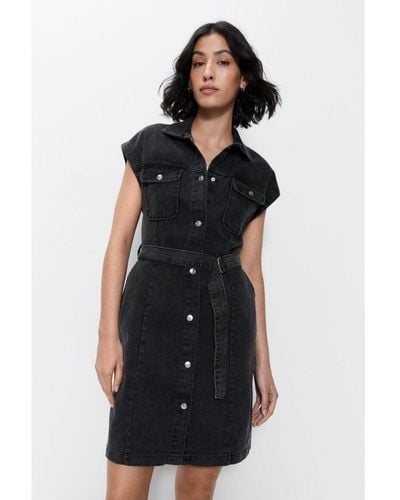 Warehouse Belted Denim Short Sleeve Shirt Dress Cotton - Black