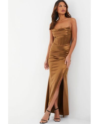 Quiz Bronze Satin Corset Wrap Maxi Dress - Brown