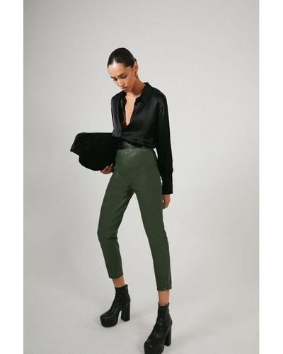 Warehouse Cropped Slim Faux Leather Trouser - Green