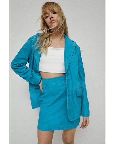 Warehouse Real Suede Single Breasted Blazer - Blue